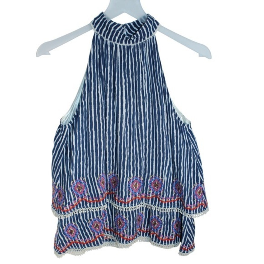 THML Womens Blue White Striped Embroidered Halter Top THS0345-1-N Small